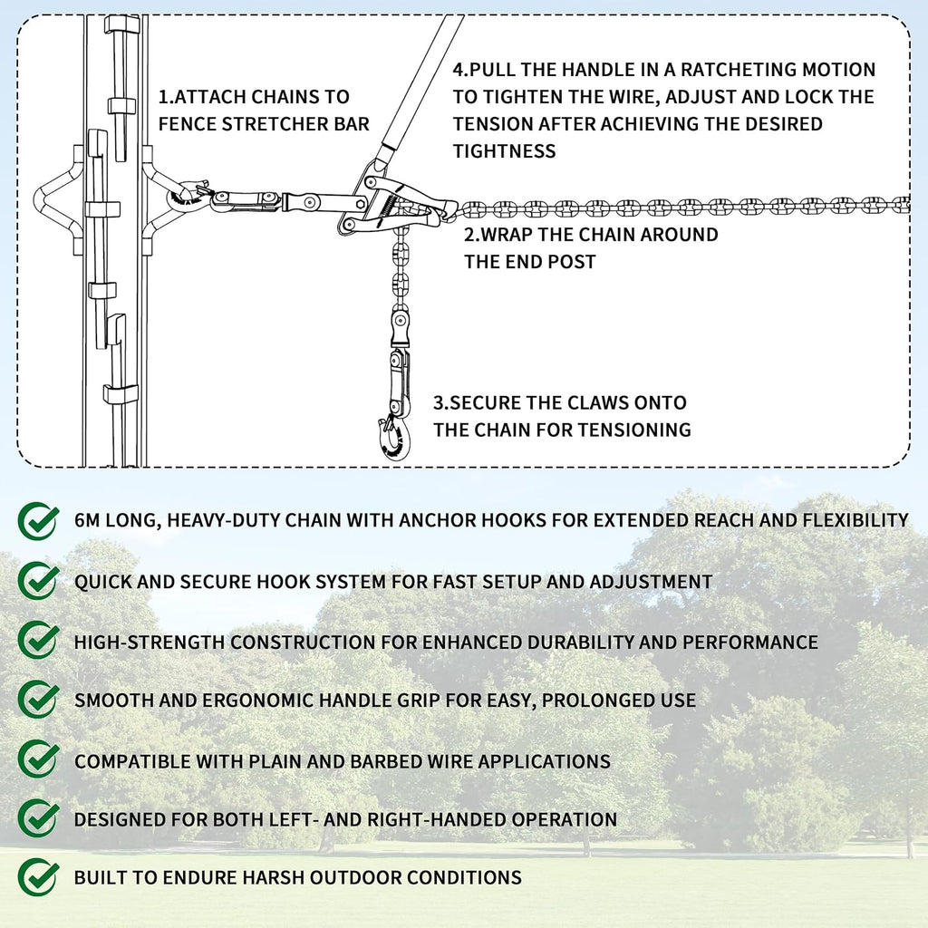 Chain Link Fence Stretcher Tool with 19.7FT Chain – Heavy-Duty Fence Puller Stretcher & Wire Tensioner, 2200lbs