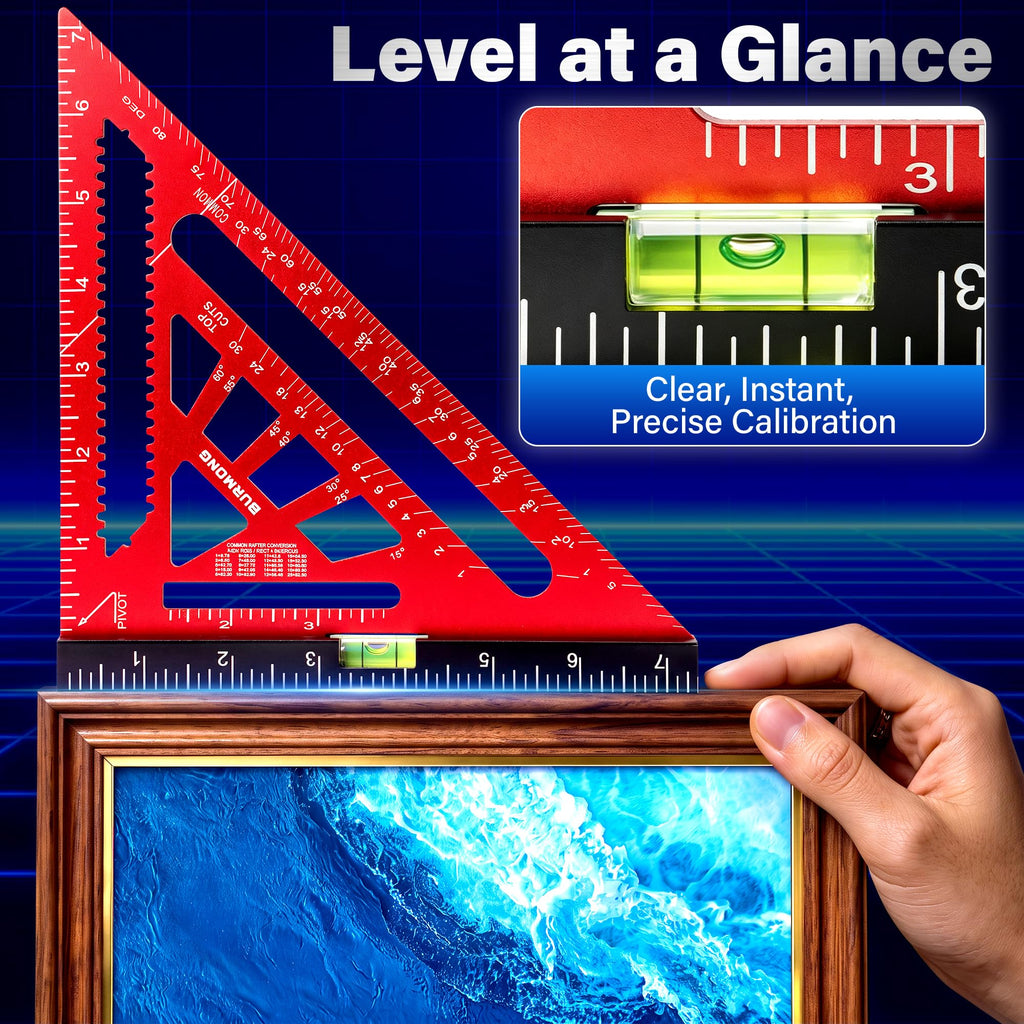 BURMONG 7" Rafter Square with Level Vial, Aluminum Triangle Ruler