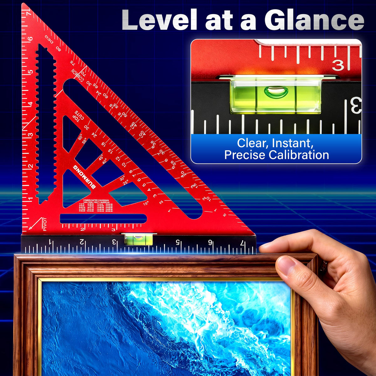 BURMONG 7" Rafter Square with Level Vial, Aluminum Triangle Ruler