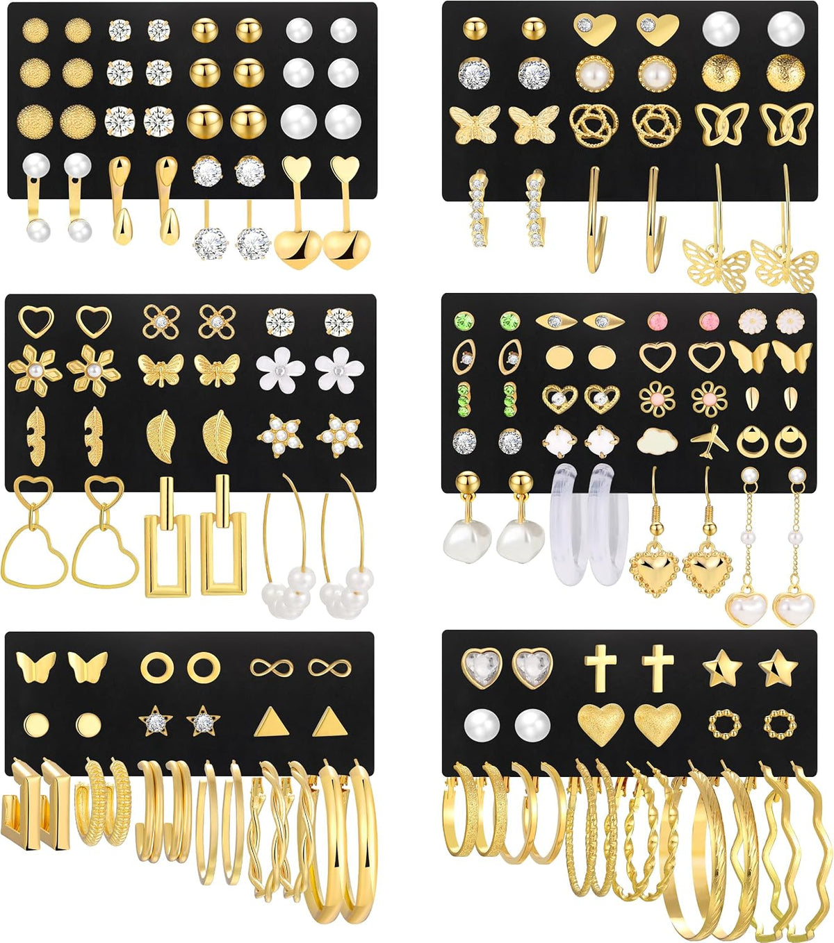 84 Pairs Gold Stud Earrings Set for Women Multipack, Fashion Pearl Cubic Zirconia Butterfly Earrings Packs Piercings