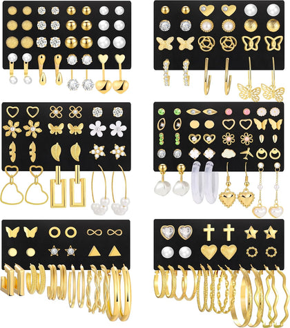 84 Pairs Gold Stud Earrings Set for Women Multipack, Fashion Pearl Cubic Zirconia Butterfly Earrings Packs Piercings