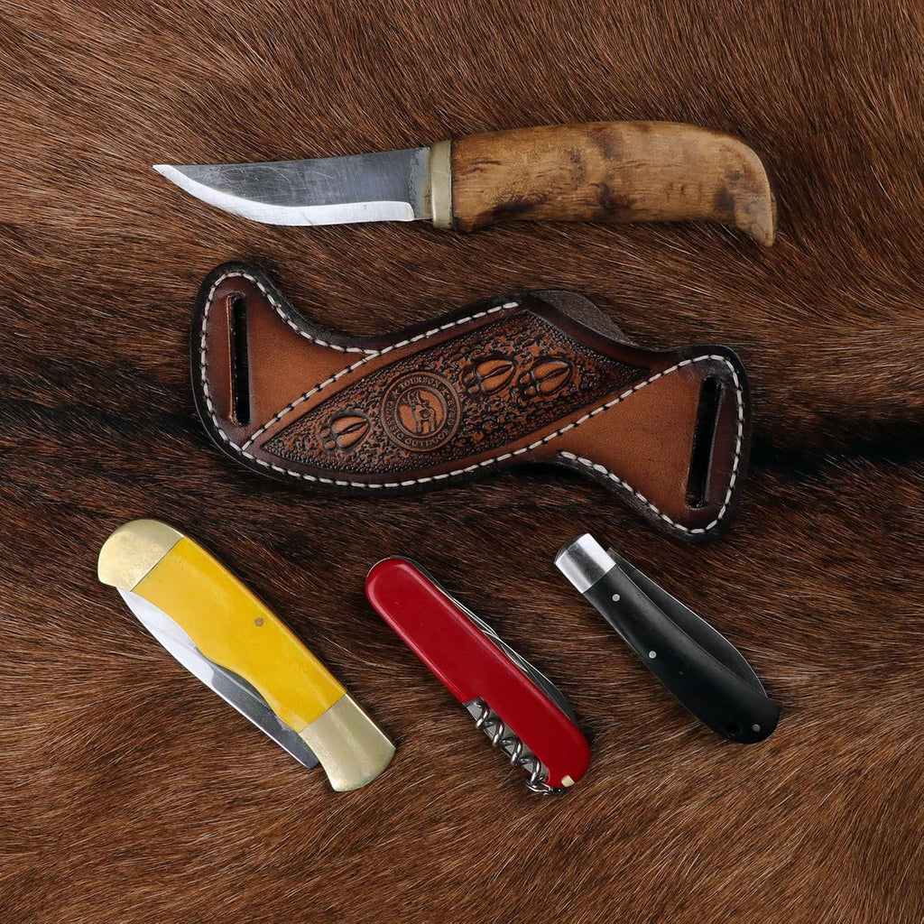Leather Knife Sheath -Horizontal Pancake Belt Fixed Folding Knives Holster | Right Side Draw,Angled Design,Fits 1.5"