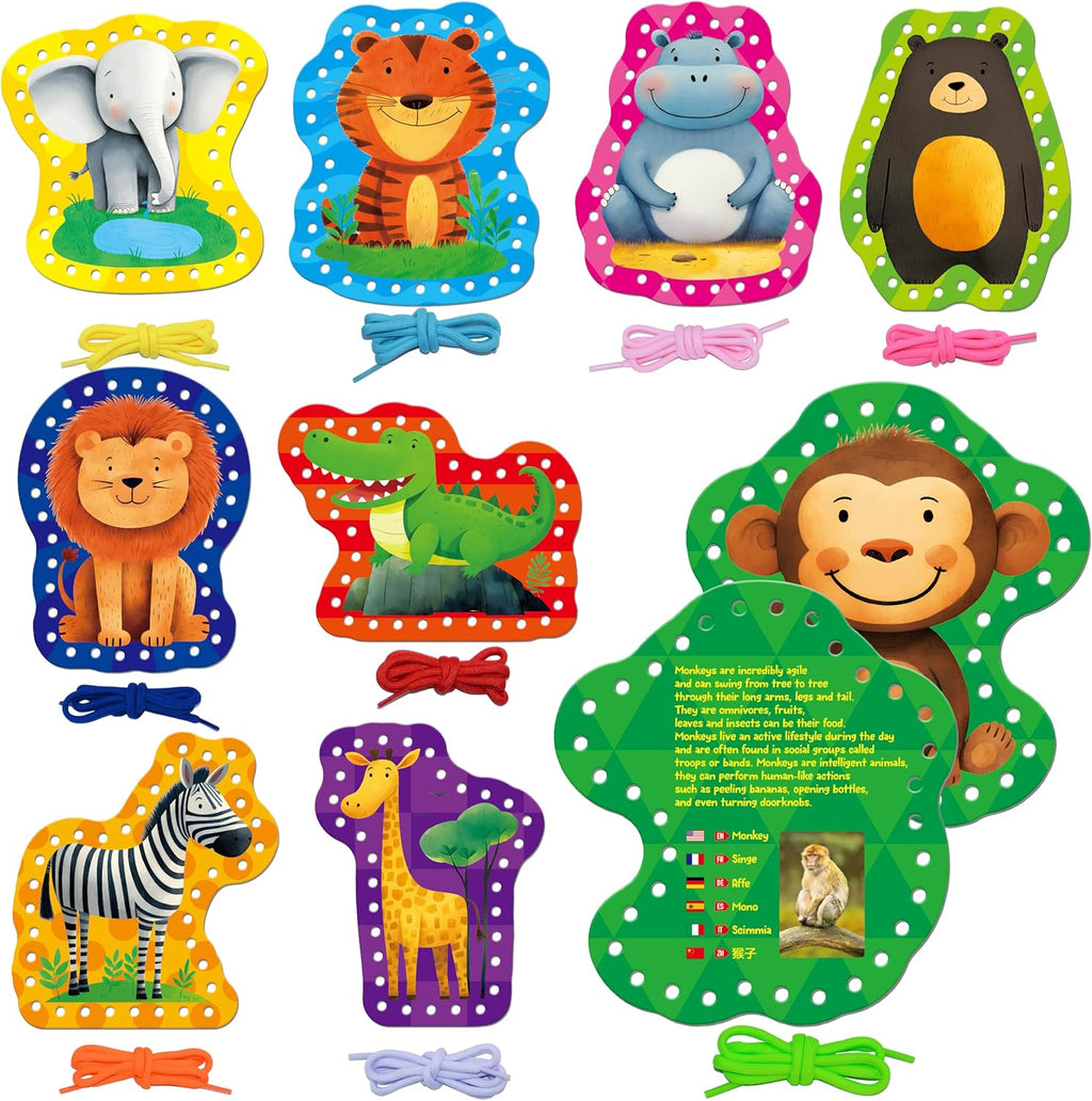 9 PCS Kids Lacing Cards, 9 Double Sided Wild Animals Sewing Cards with 9 Colorful Laces, Educational & Learning Toys