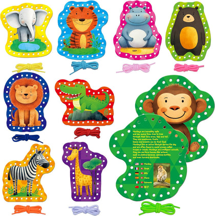 9 PCS Kids Lacing Cards, 9 Double Sided Wild Animals Sewing Cards with 9 Colorful Laces, Educational & Learning Toys