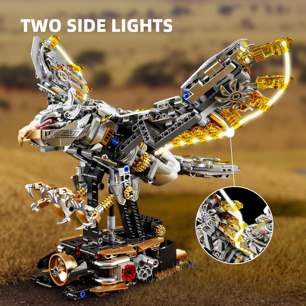1168-PCS Mechanical Eagle Building Block Set with LED Light, Movable Linkage Gears, Display Stand - Animals Building
