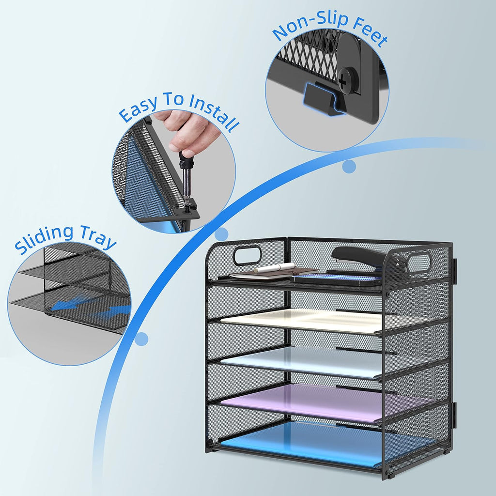 5 Trays Paper Organizer Letter Tray with Handle-Mesh Desk File Holders, Paper Sorter Desk Organizer for Office, Home