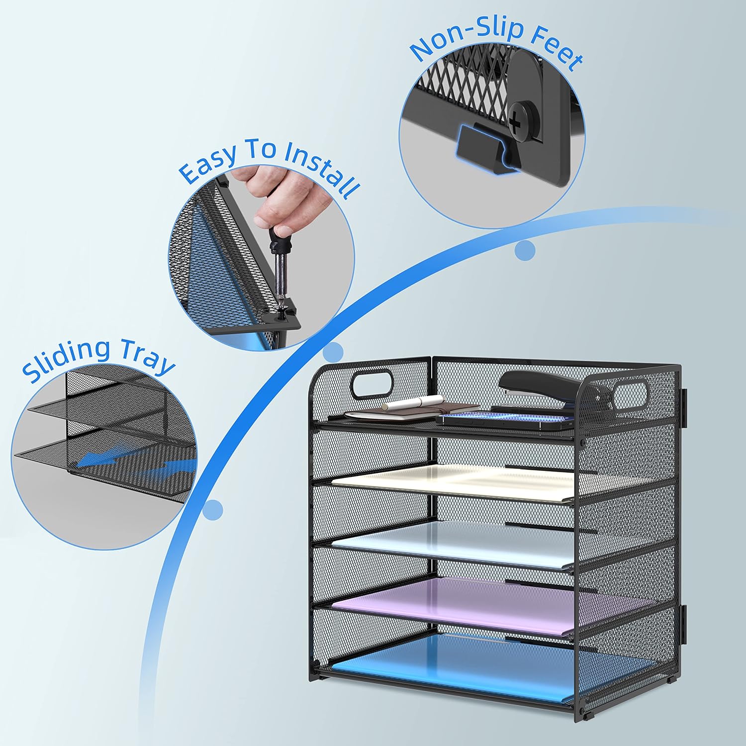 5 Trays Paper Organizer Letter Tray with Handle-Mesh Desk File Holders, Paper Sorter Desk Organizer for Office, Home