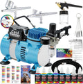 Cool Runner II Air Brush Kit with Air Compressor Dual Fan | 3 Airbrushes, 6 Color Acrylic Paint Set, Hose, Brushes &