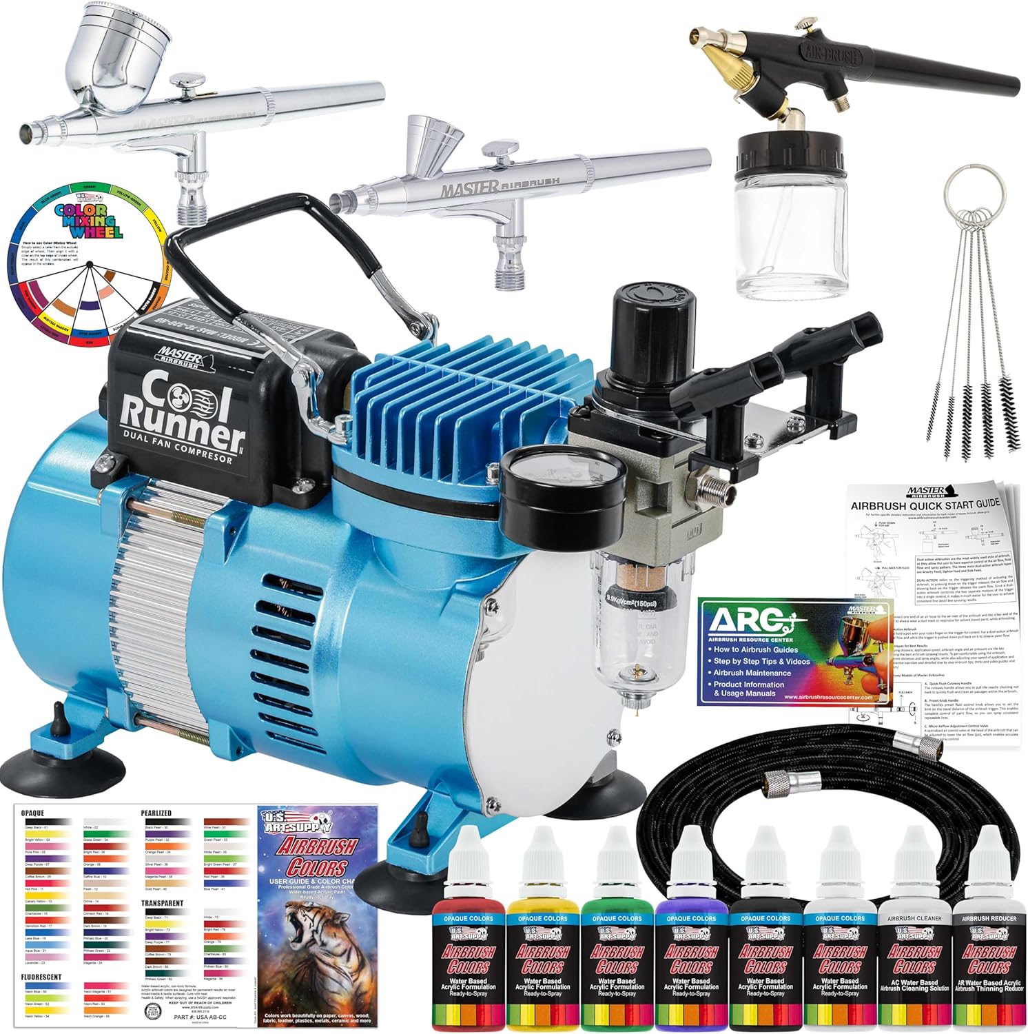 Cool Runner II Air Brush Kit with Air Compressor Dual Fan | 3 Airbrushes, 6 Color Acrylic Paint Set, Hose, Brushes &