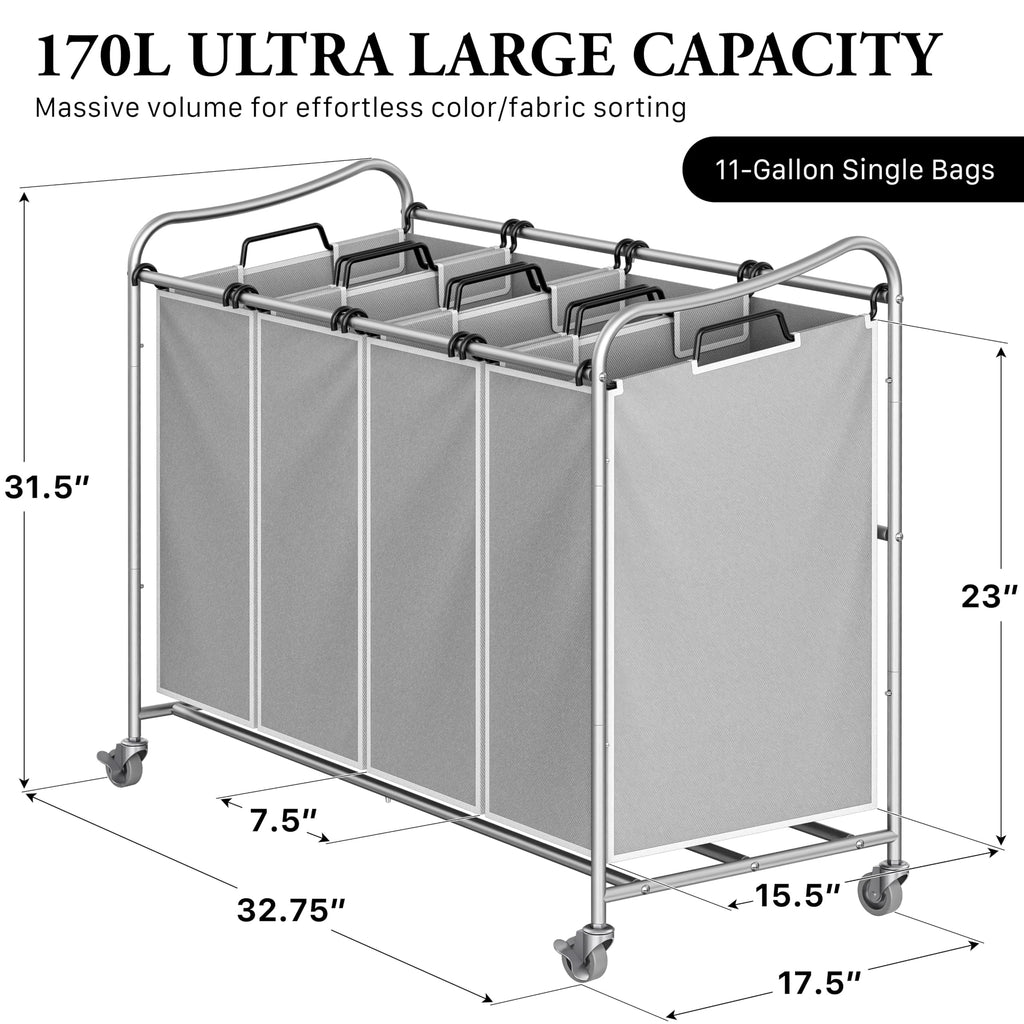 4-Bag Heavy Duty Laundry Sorter Rolling Cart, Silver