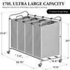 4-Bag Heavy Duty Laundry Sorter Rolling Cart, Silver