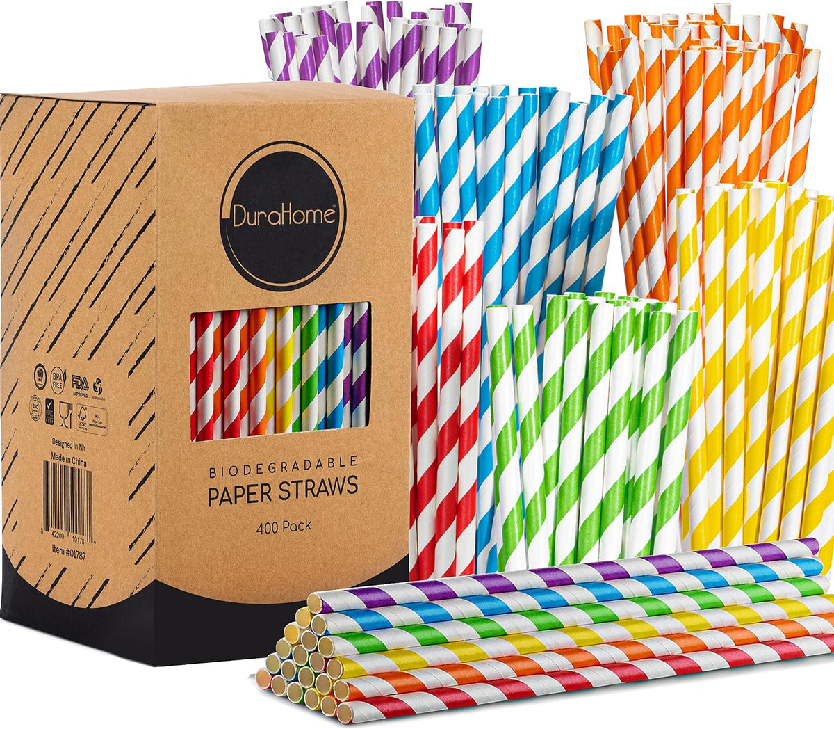Paper Straws 400 Pack Biodegradable Colorful Striped Design 8.25" Straw for Everyday/Birthday Party/Baby