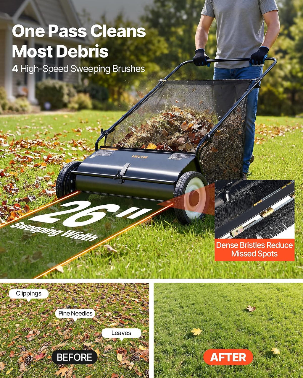 Push Lawn Sweeper 26 Inch Leaf & Grass Collector Strong Rubber Wheels