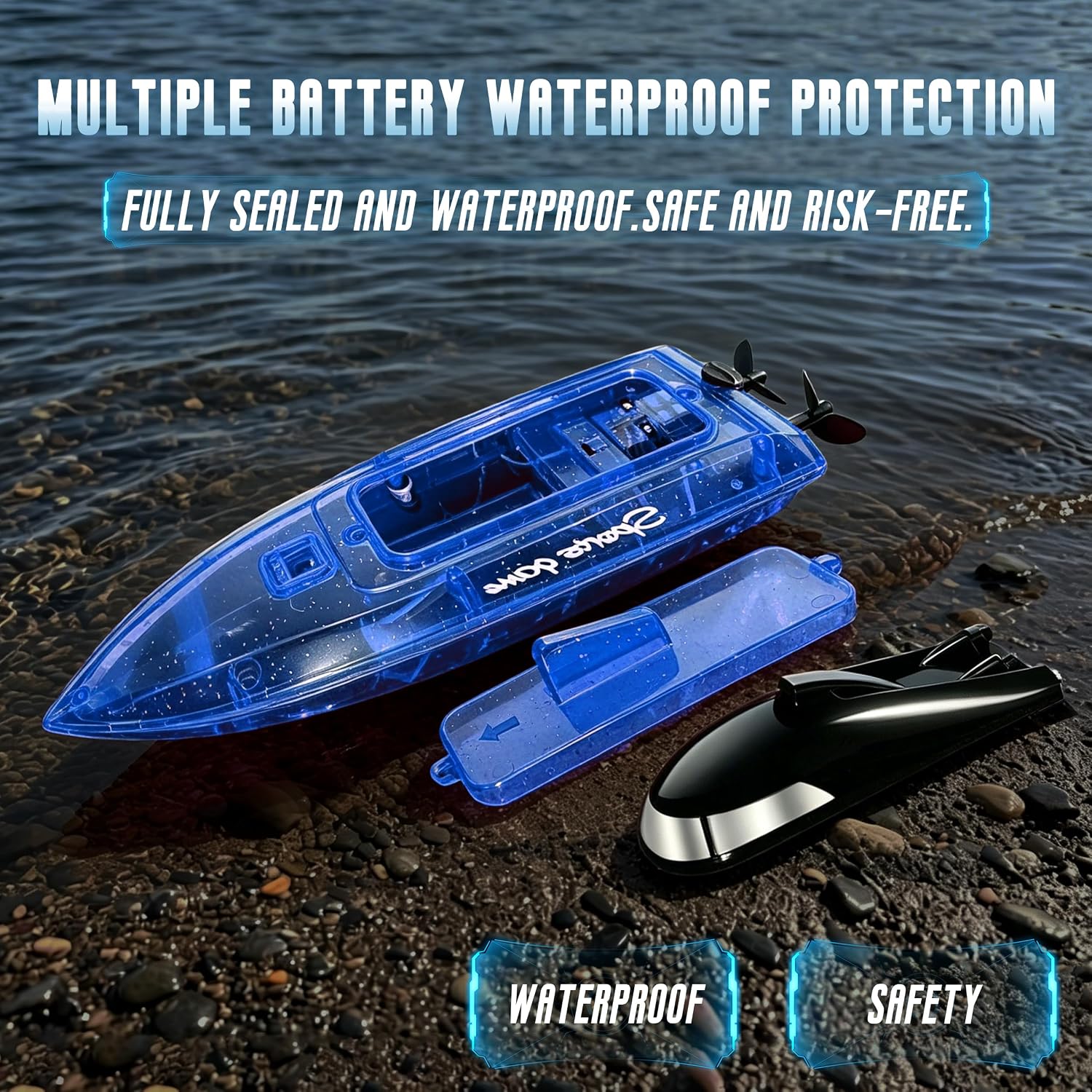 Remote Control Boat with 1800mAh Battery, Clear RC Boat with 10 LED Lights | 100 Min+ Auto Reverse 2.4 GHz Double
