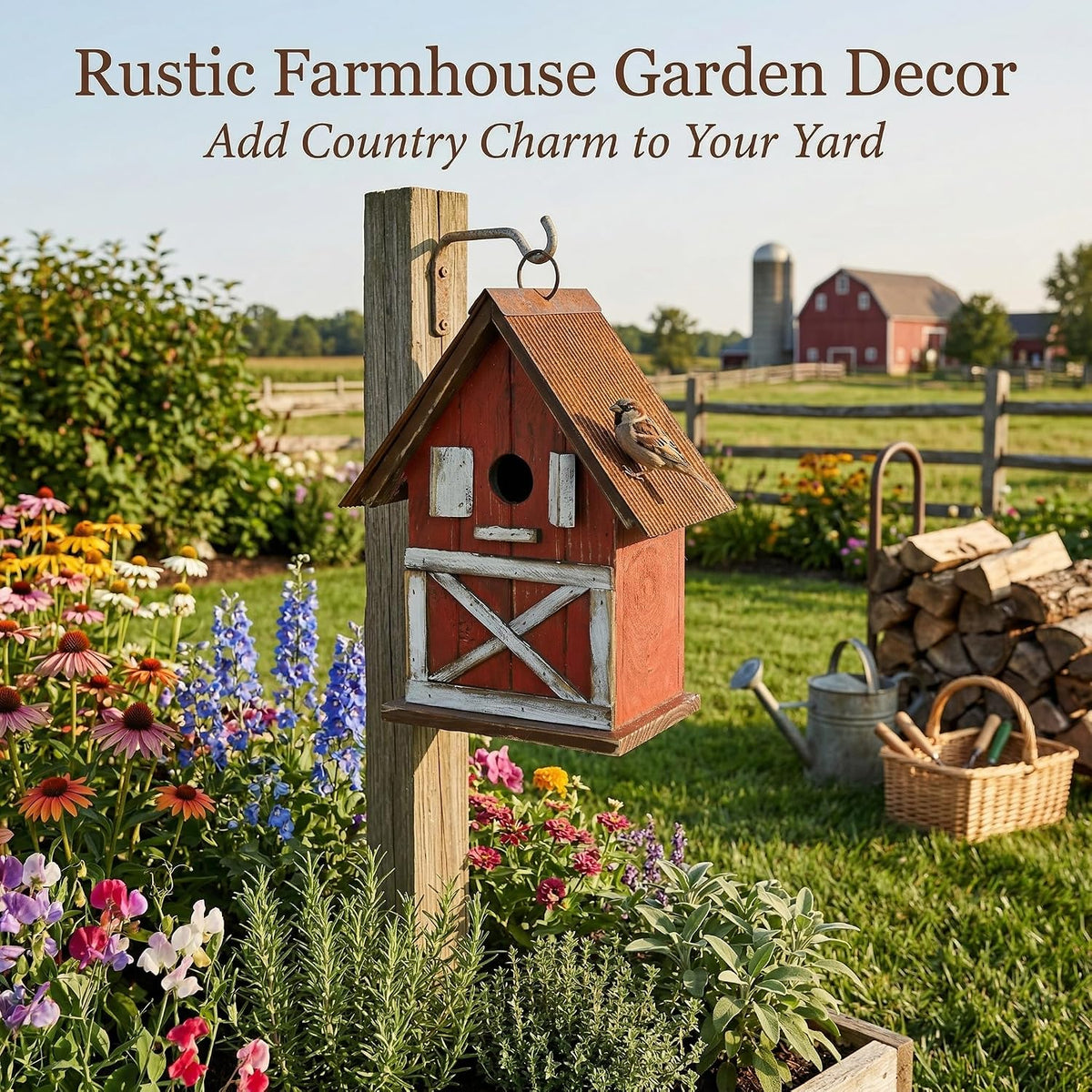 Rustic Barn-Style Wooden Birdhouse, 10.5" Hanging Bird House