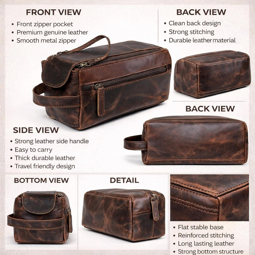 Genuine Buffalo Leather Unisex Toiletry Bag Travel Leather Dopp Kit Made With High Class Buffalo Leather