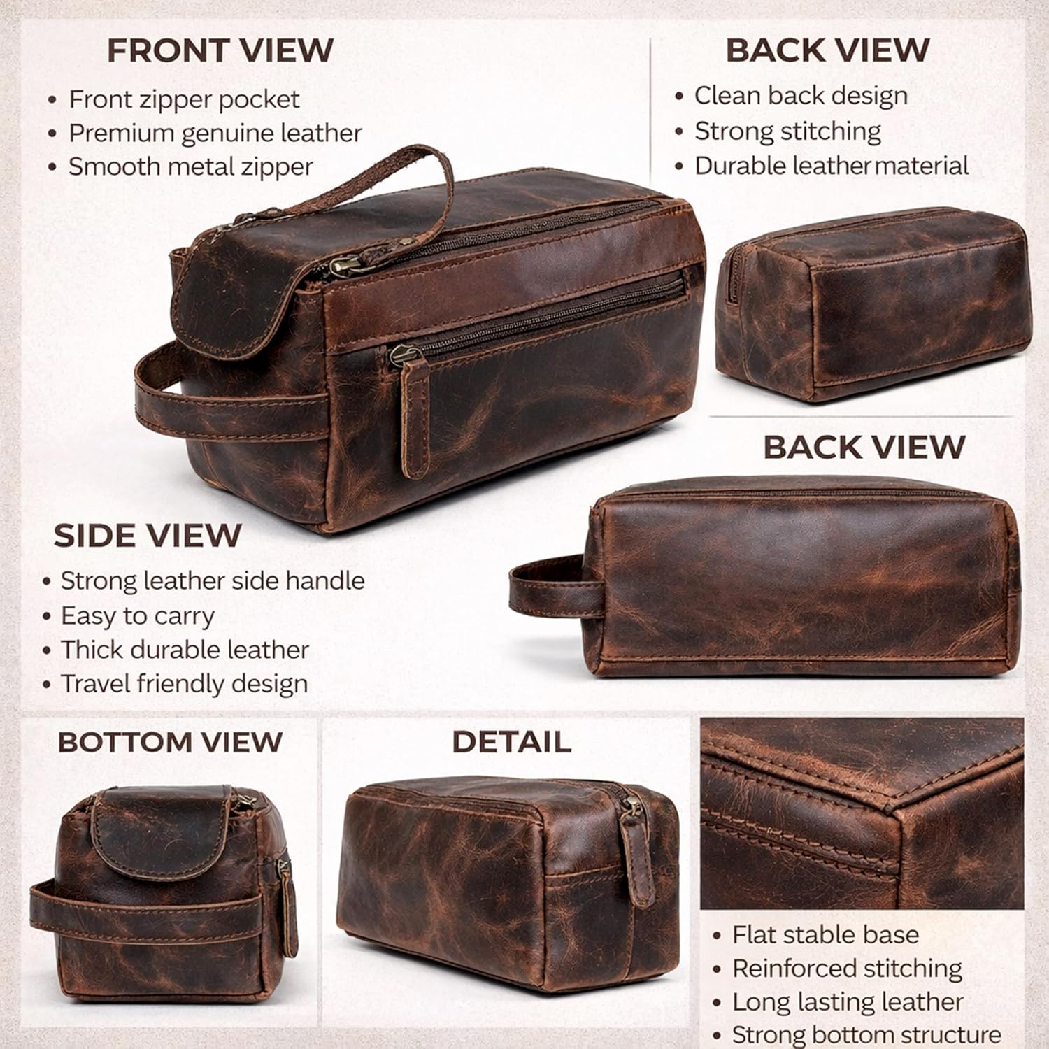 Genuine Buffalo Leather Unisex Toiletry Bag Travel Leather Dopp Kit Made With High Class Buffalo Leather