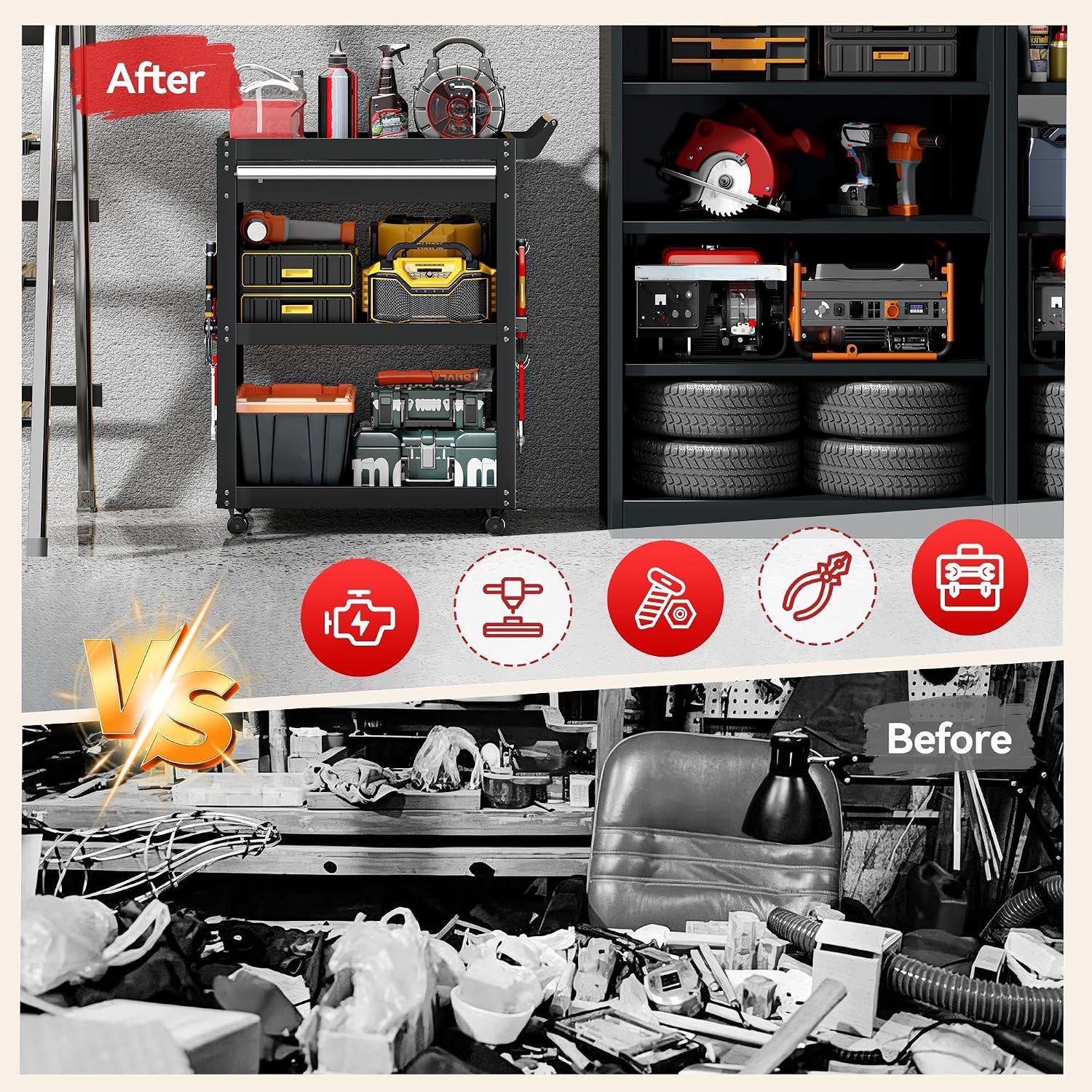 3-Tier Rolling Tool Cart with Drawer & Pegboard | 750LBS Load Capacity, Black Steel Rolling Tool Cart ,Mobile Utility