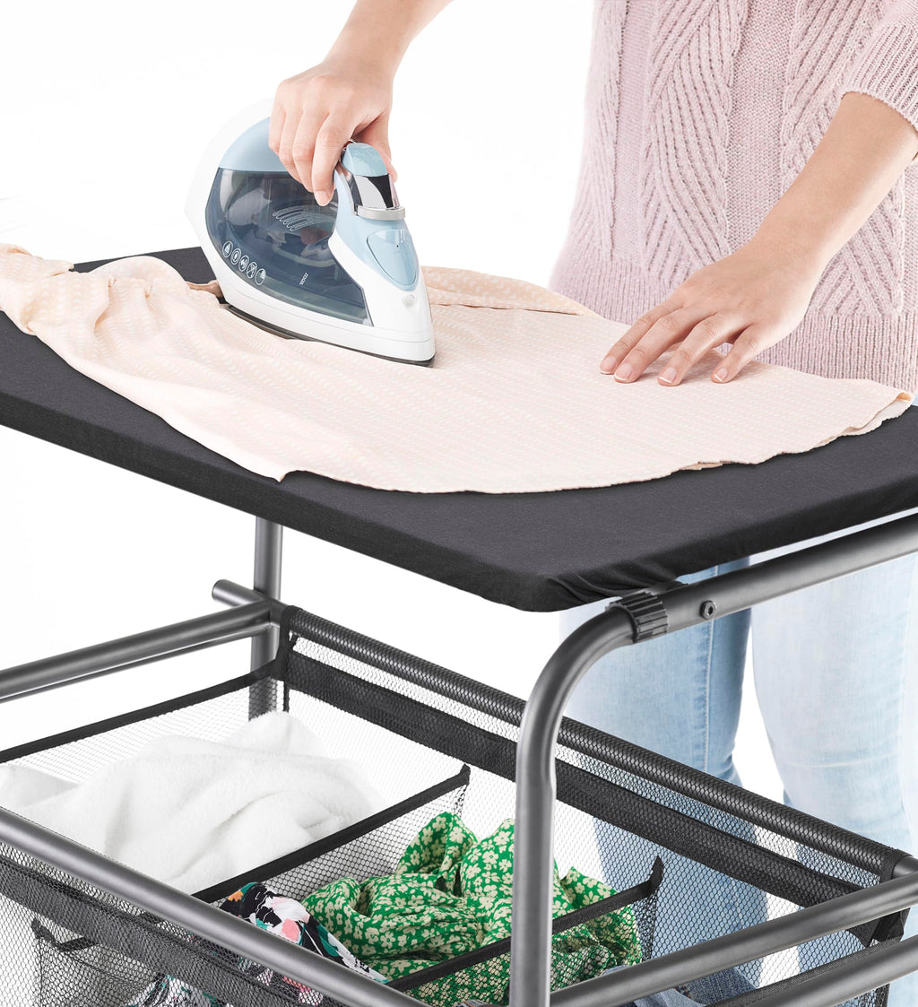 Triple Laundry Sorter with Ironing & Folding Table - Rolling Laundry Sorter with Ironing Table - Gunmetal
