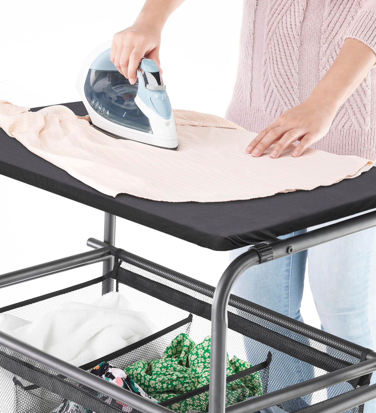 Triple Laundry Sorter with Ironing & Folding Table - Rolling Laundry Sorter with Ironing Table - Gunmetal