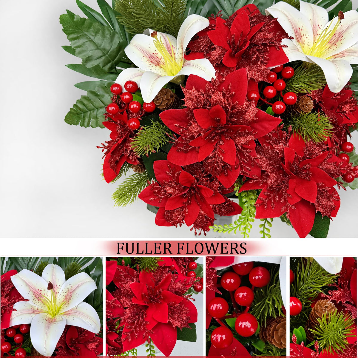 Artificial Cemetery Flowers, Red & White Poinsettia Christmas Bouquet