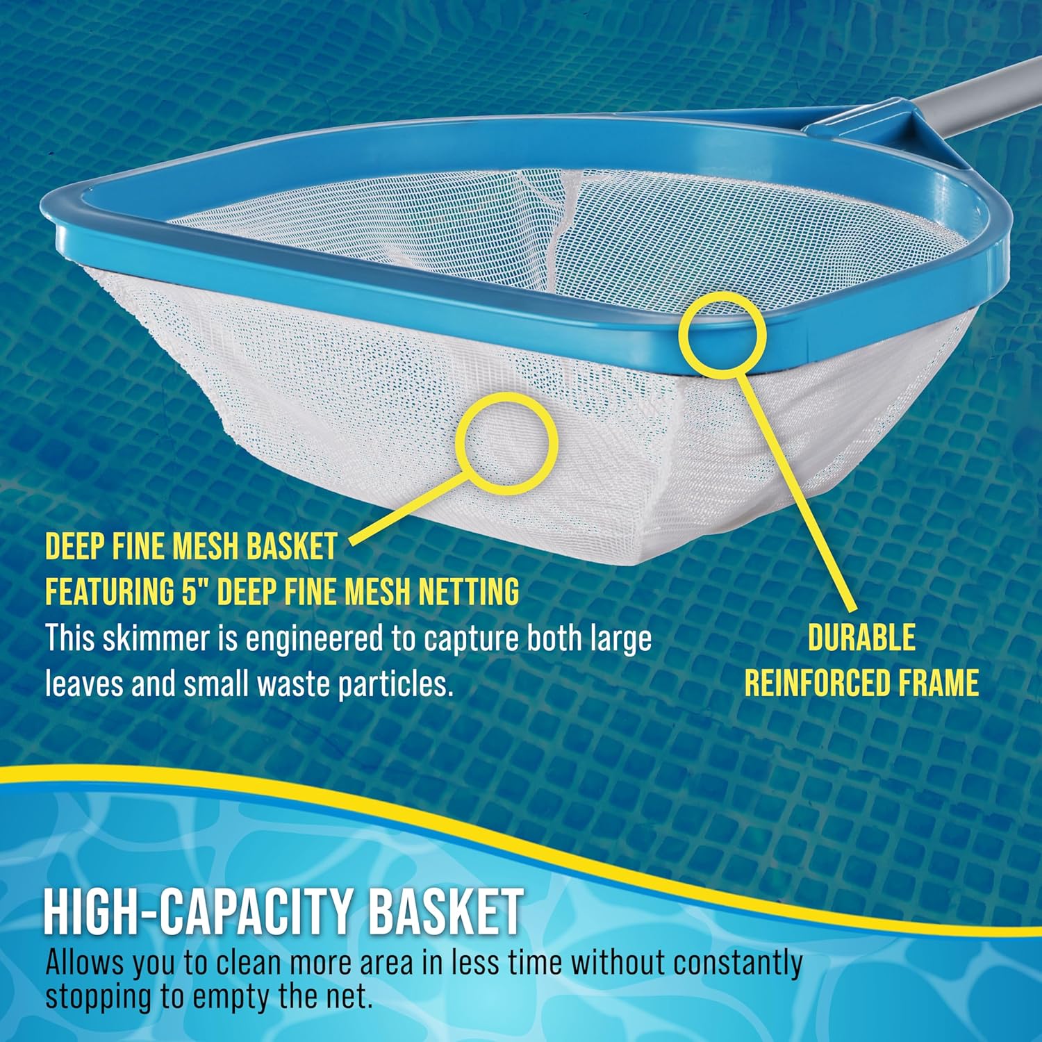 Pool and Spa Skimmer Net with Pole, 30" Long Handheld Fine Mesh Pool Skimmer Net - Hand Held Spa, Hot Tub, Pond