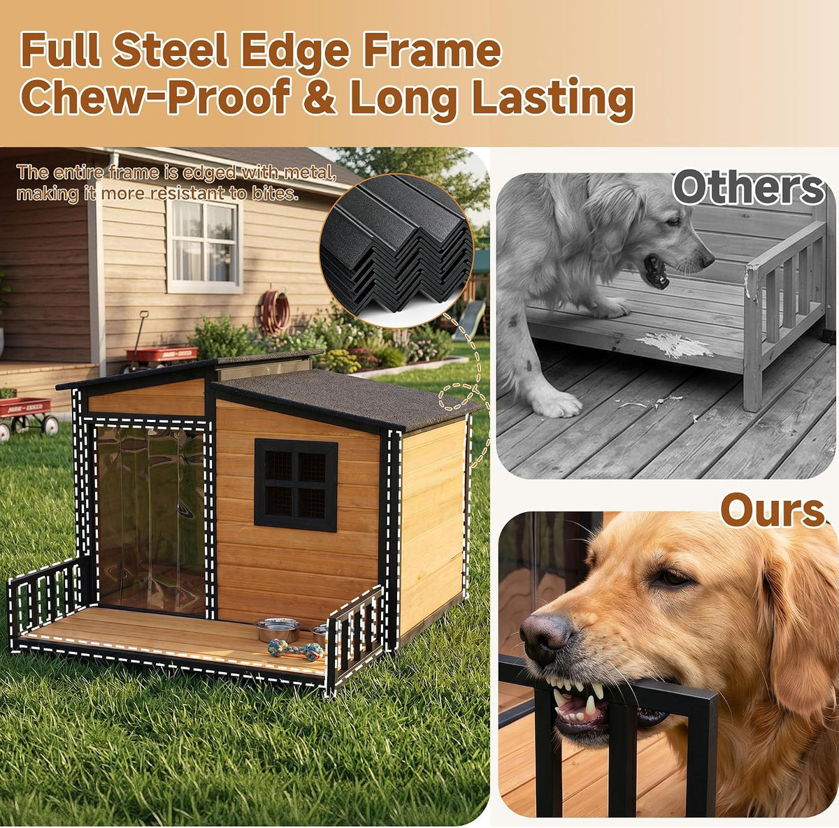 XLarge Dog House Outdoor Anti‑Chew Iron Wooden Elevated Dog Kennel Home 44"
