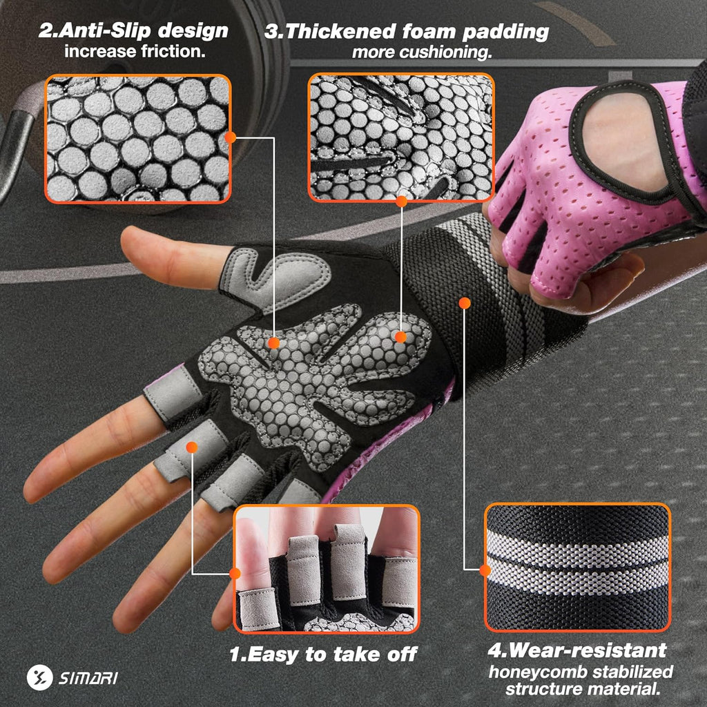 Breathable Workout Gloves for Men Women, Padded Weight Lifting Gloves with Wrist Wraps Support, Full Palm Protection