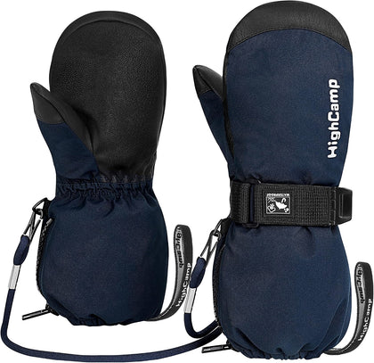 Kids Waterproof Snow Ski Gloves w/Zipper & String on Long Cuff Cold Weather Mitten for Toddler & Youth Boys Girls