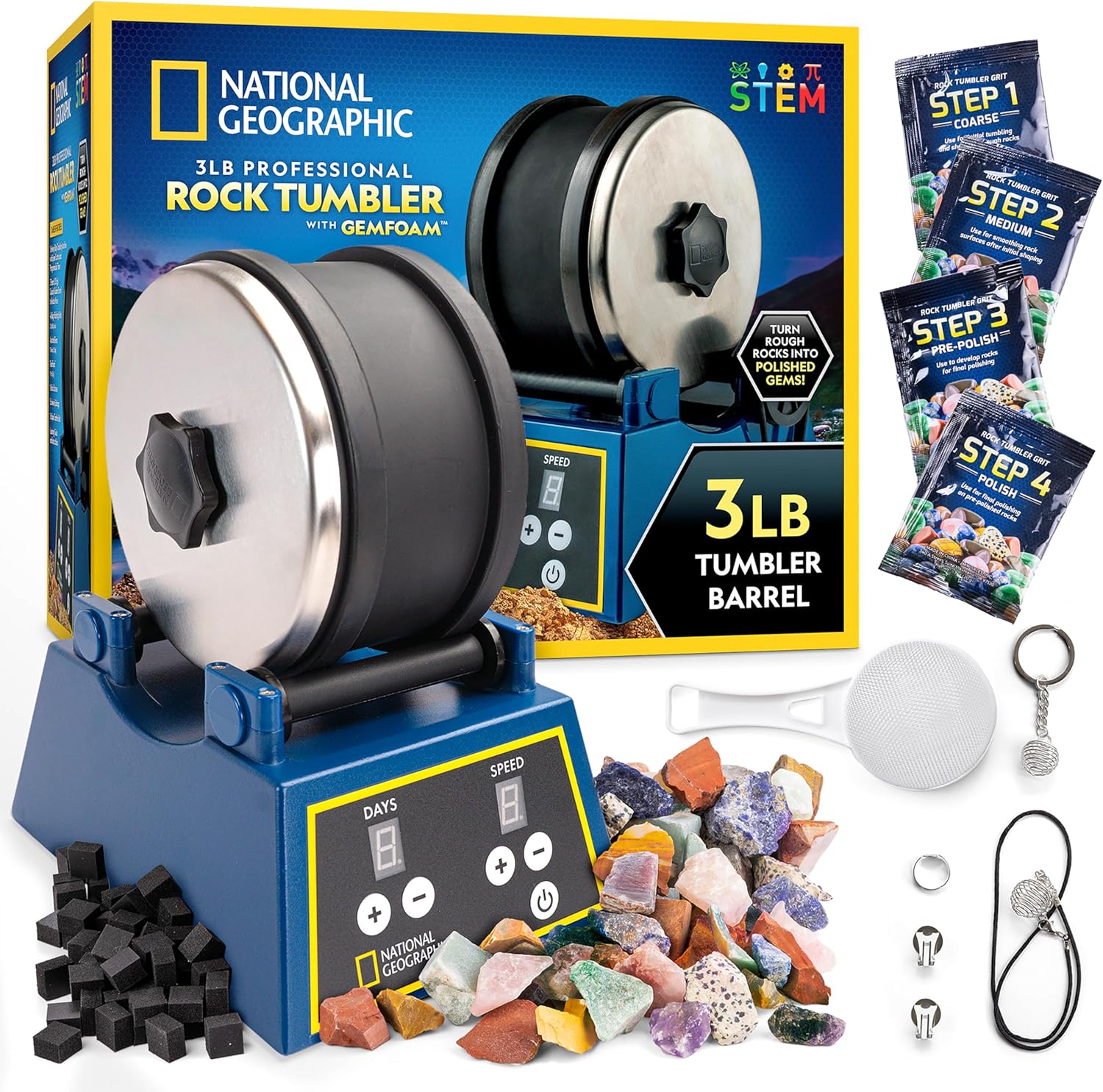 National Geographic 3 Lb. Rock Tumbler Kit for Kids and Adult Beginners | 3 Lb. Capacity Barrel, 3-Speed Motor, 9-Day