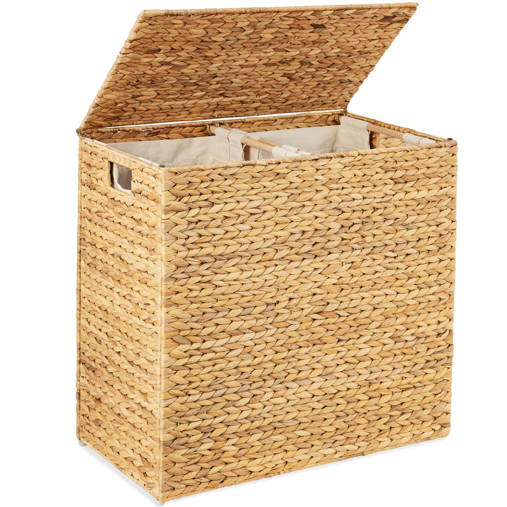 Large Laundry Hamper with Lid, Natural Handwoven Hyacinth Laundry Basket, W/Removeable & Washable Liner Bag