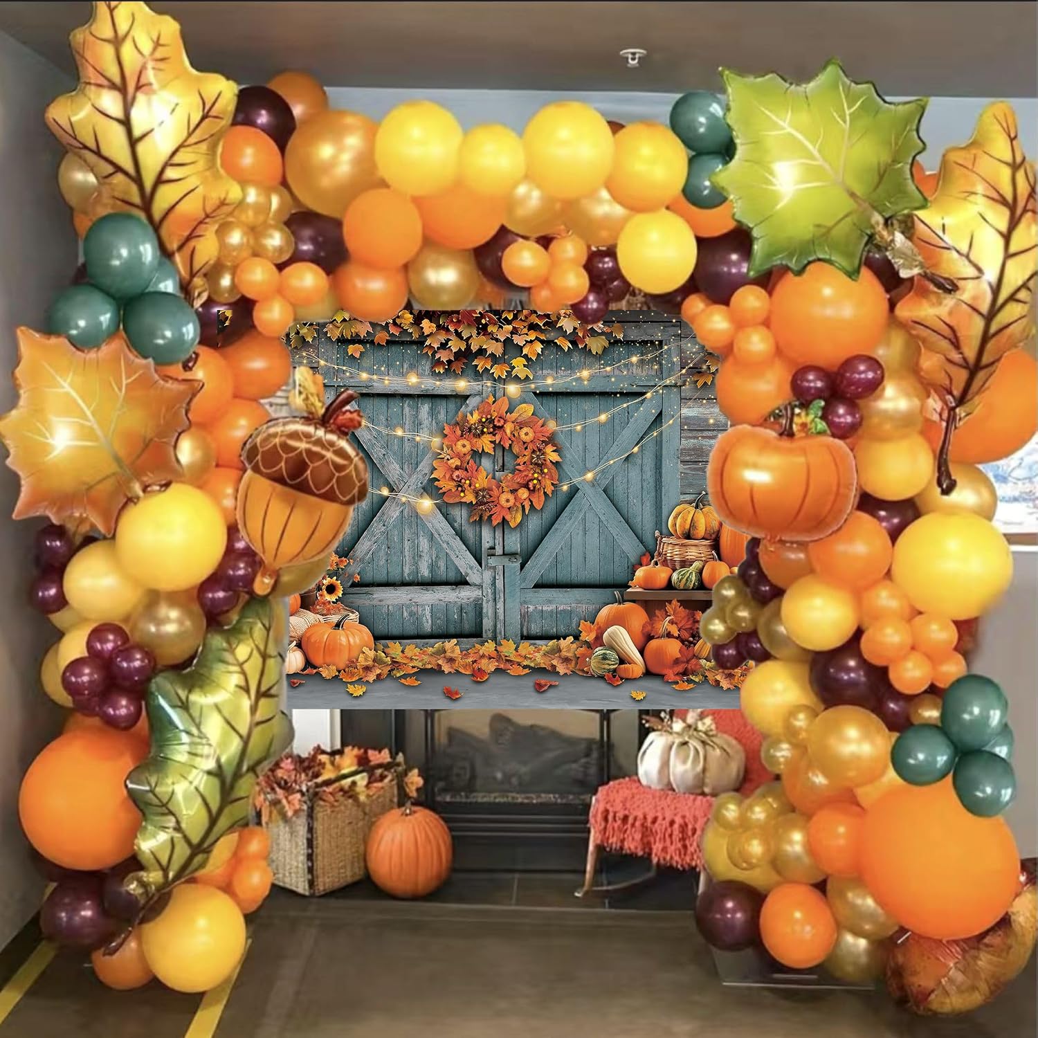 Fall Thanksgiving Backdrop Rustic Barn Door Autumn Pumpkin Harvest Photography Background Maple Leaves Garland