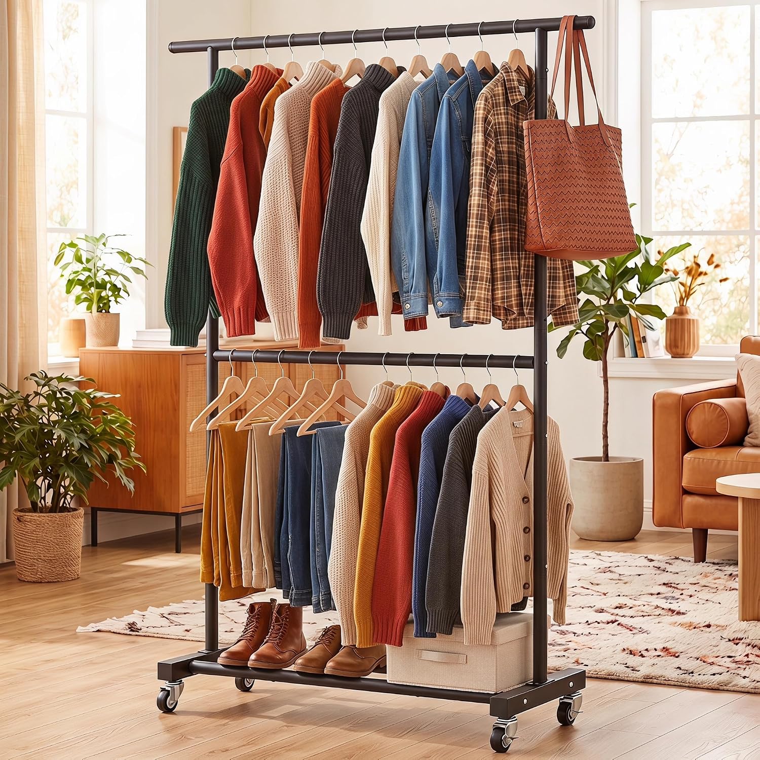 Double Rod Metal Clothing Garment Rack on Wheels, Black | Rolling Clothes Organizer, for Hanging Clothes,Coats,Easy