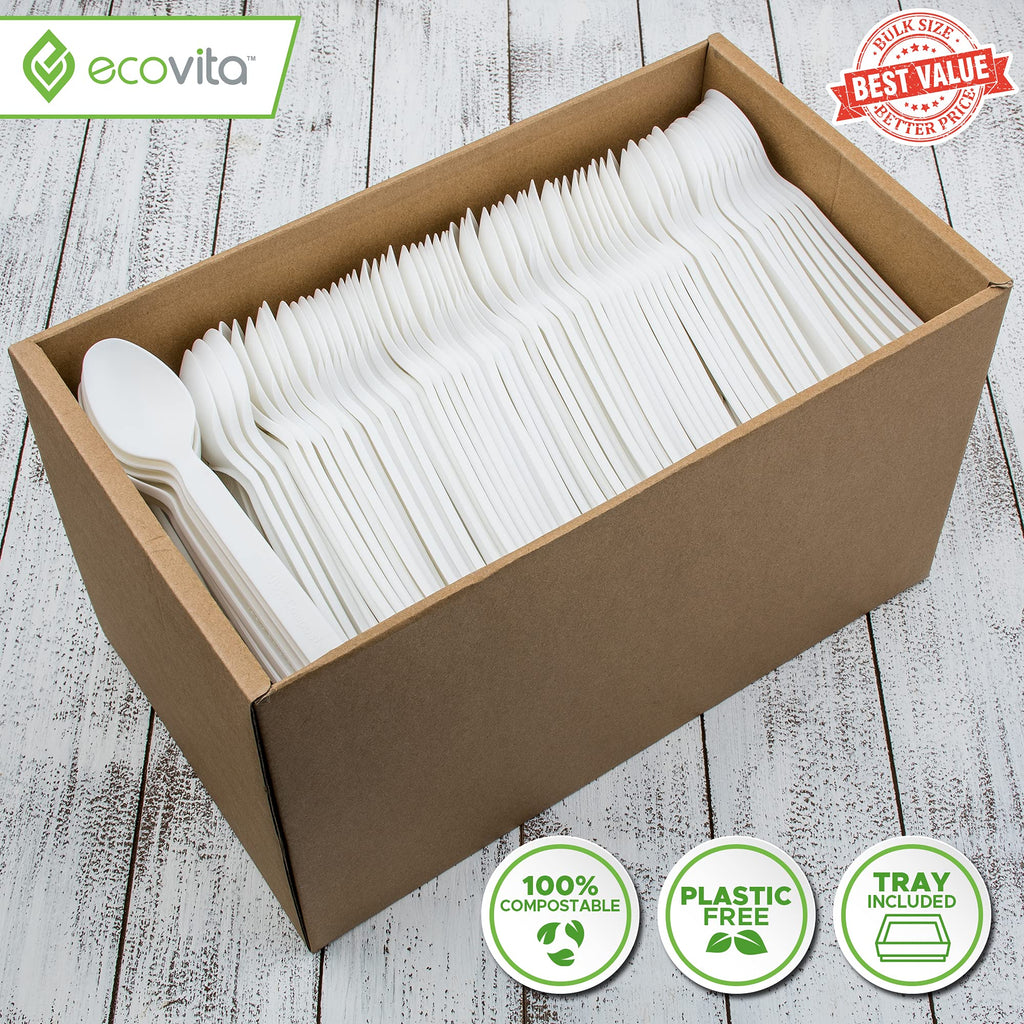100% Compostable Spoons - 500 Large Disposable Utensils (6.5 in.) Bulk Size Eco Friendly Durable and Heat Resistant