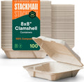 100% Compostable Clamshell Take Out Containers - 8x8 [100-Pack] Heavy Duty
