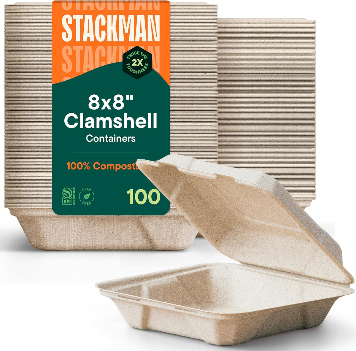 100% Compostable Clamshell Take Out Containers - 8x8 [100-Pack] Heavy Duty
