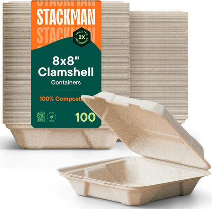 100% Compostable Clamshell Take Out Containers - 8x8 [100-Pack] Heavy Duty