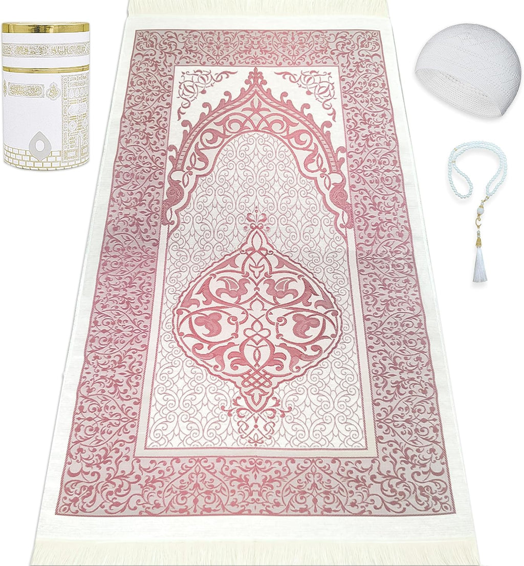 Muslim Prayer Rug Islam and Beads, Kaabe Design Box Eid Ramadan Gifts Islamic Set Carnal Salah Mat Taffeta Fabric