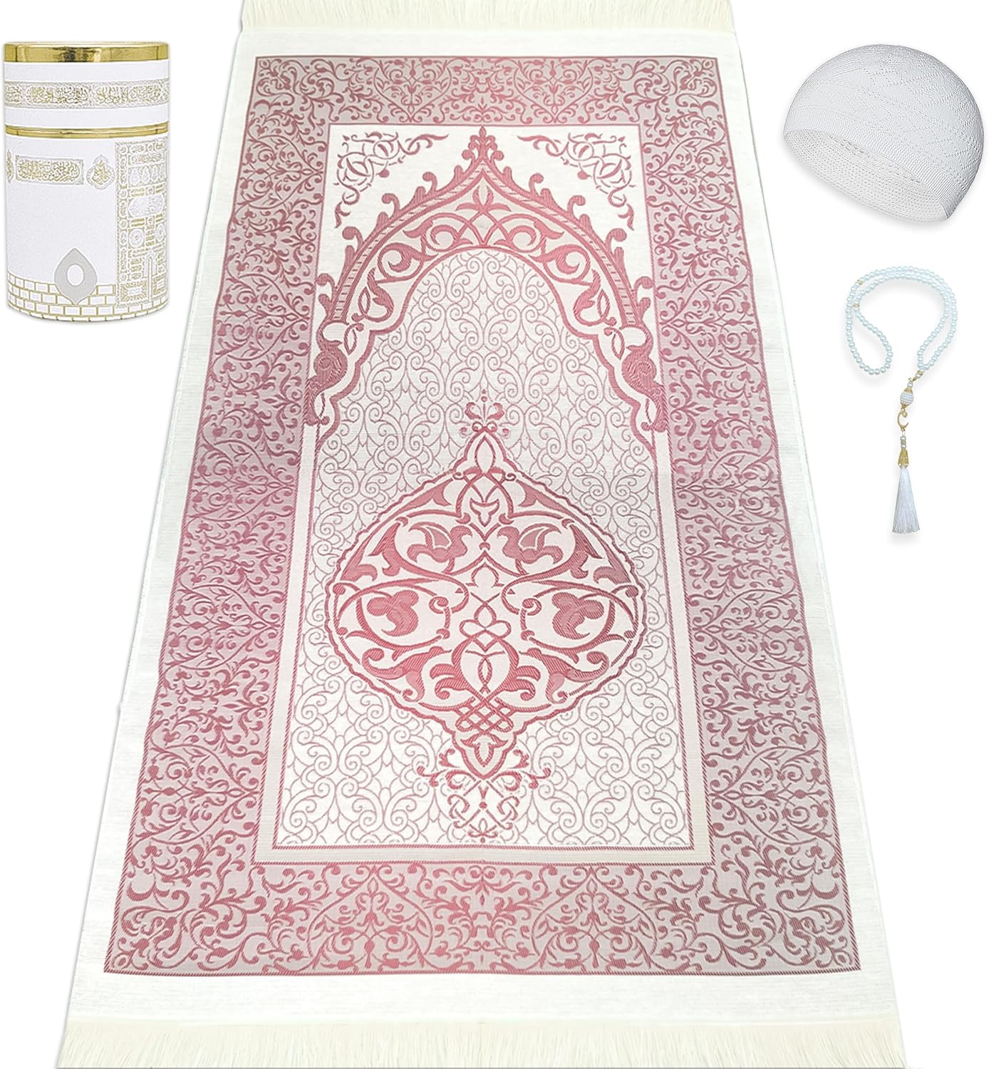 Muslim Prayer Rug Islam and Beads, Kaabe Design Box Eid Ramadan Gifts Islamic Set Carnal Salah Mat Taffeta Fabric