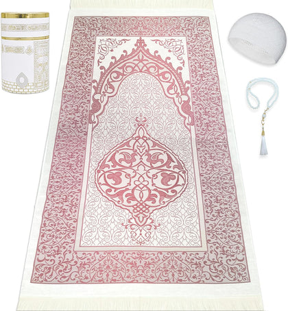 Muslim Prayer Rug Islam and Beads, Kaabe Design Box Eid Ramadan Gifts Islamic Set Carnal Salah Mat Taffeta Fabric