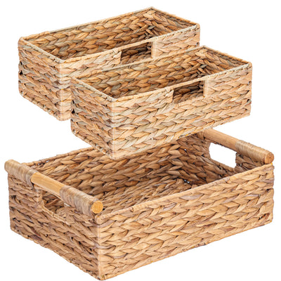Large Water Hyacinth Storage Baskets for Organizing with Wooden Handles for Shelves, 2 Bathroom Small Basket, Water