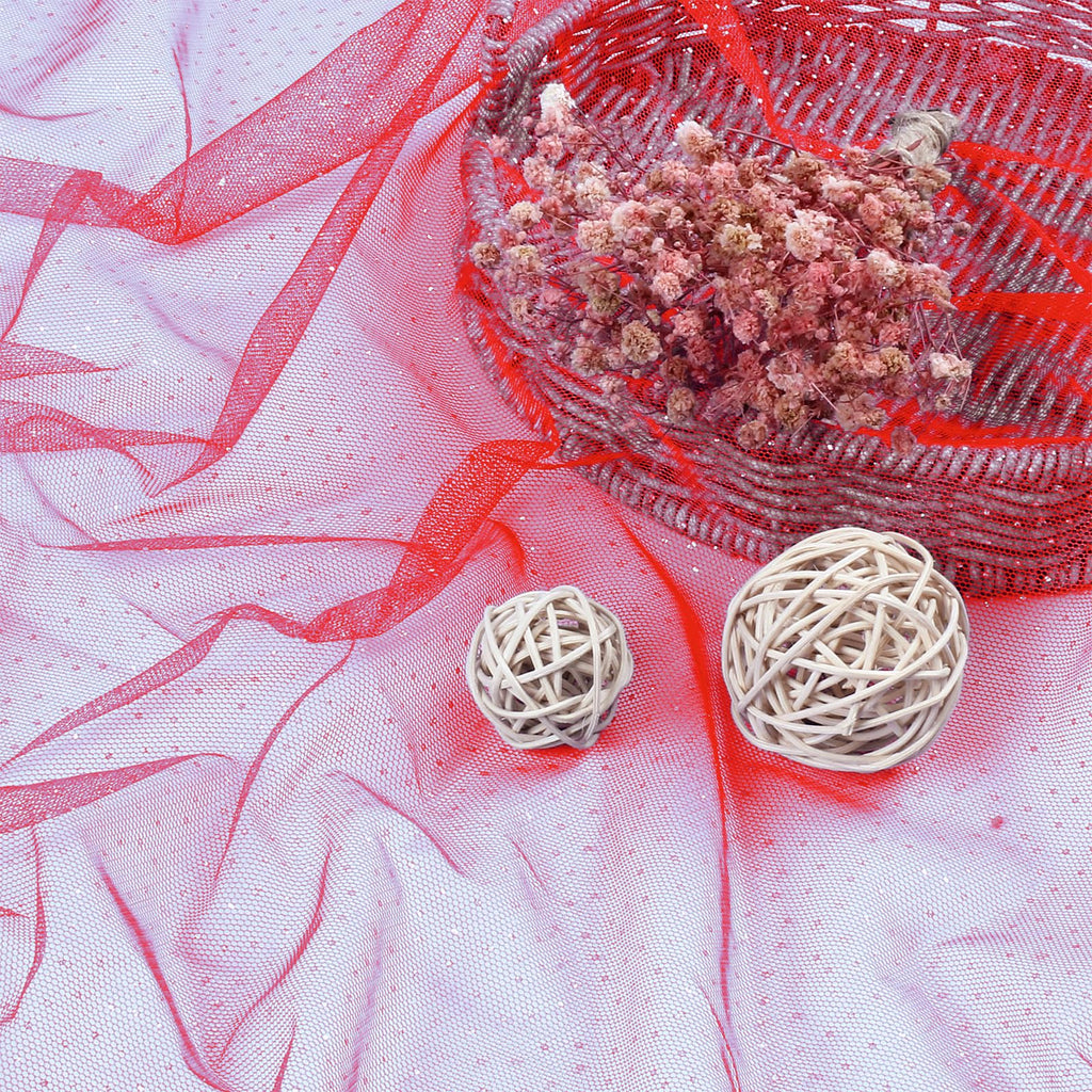 1 Yard Red Glitter Tulle, 60 Inch Silver Sequin Netting