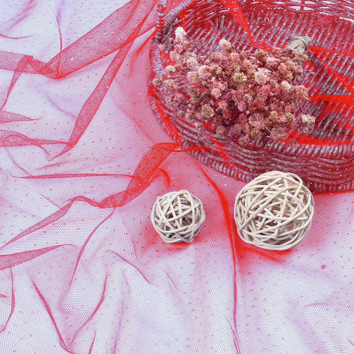 1 Yard Red Glitter Tulle, 60 Inch Silver Sequin Netting