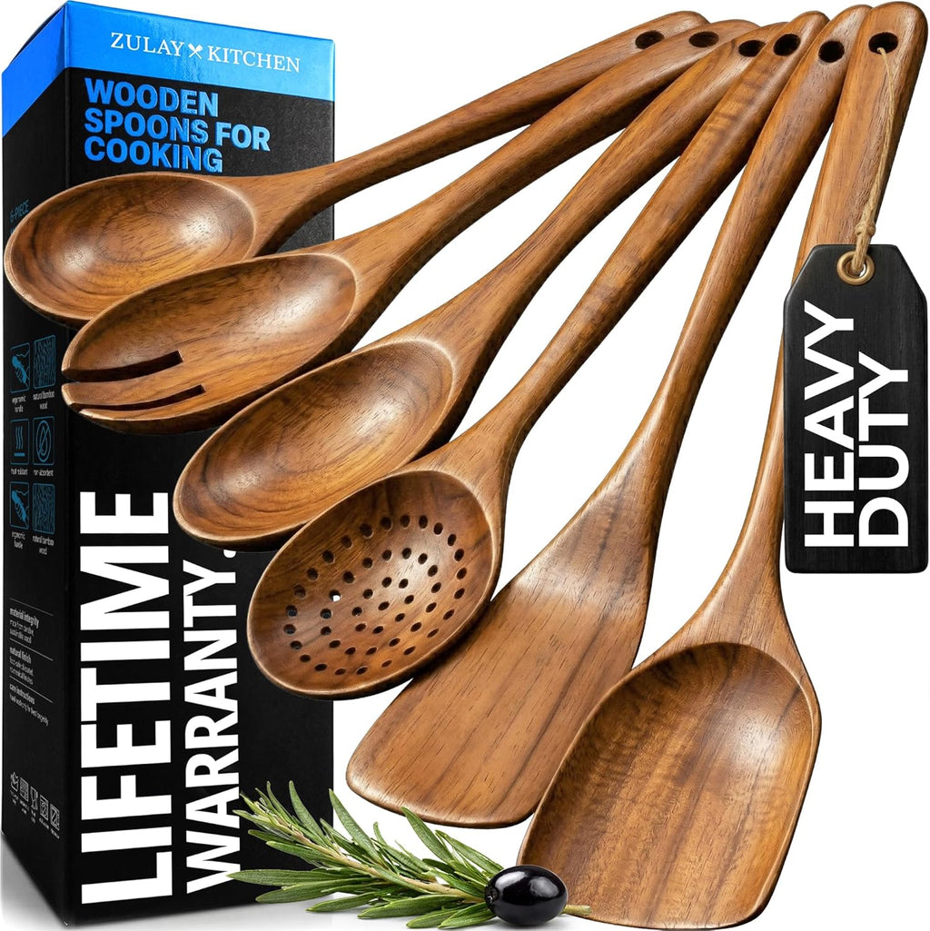 6 Piece Wooden Spoons for Cooking – Natural Teak Wooden Utensil Set, Easy to Clean, Durable, Smooth with Comfort Grip