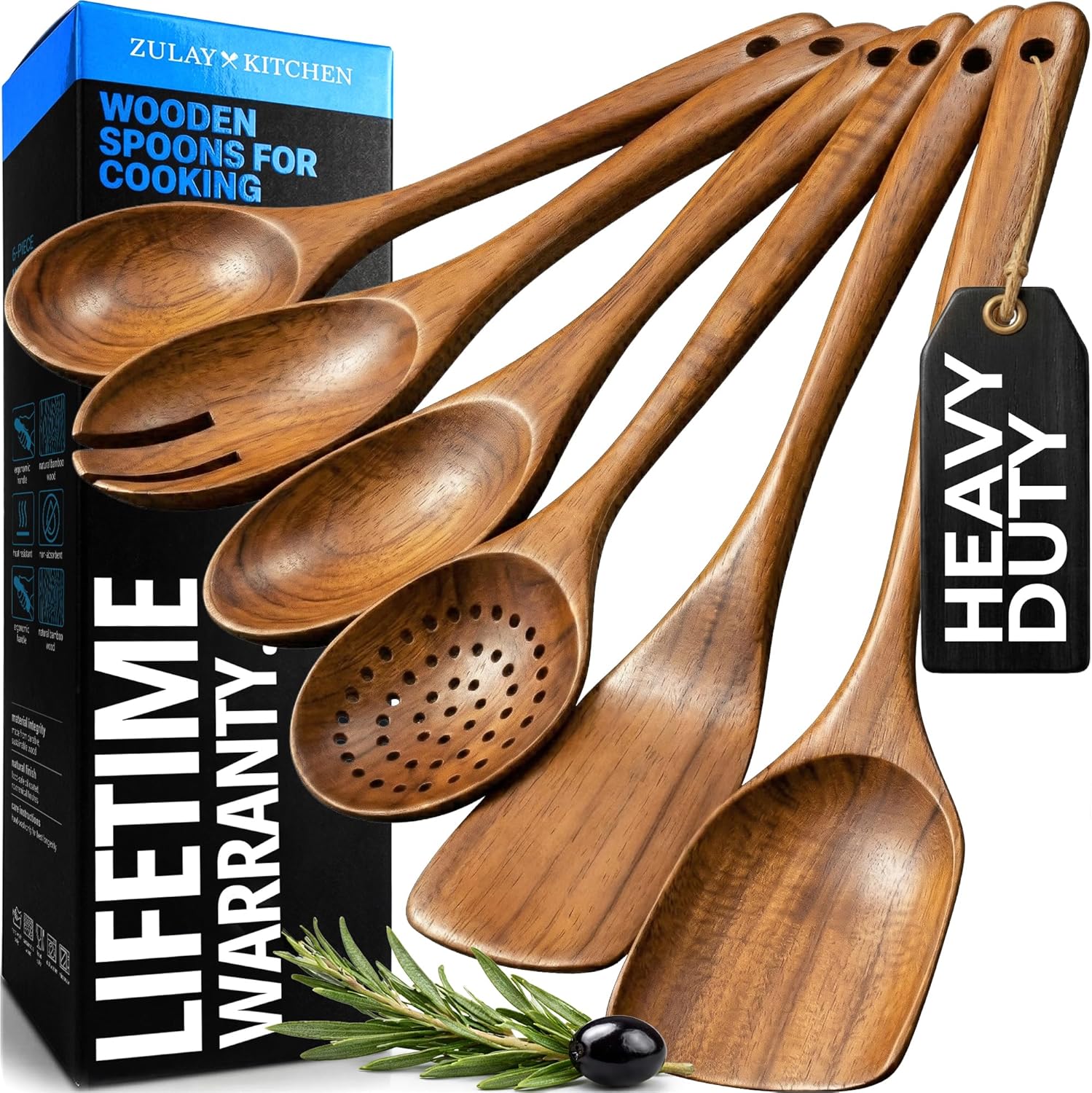 6 Piece Wooden Spoons for Cooking – Natural Teak Wooden Utensil Set, Easy to Clean, Durable, Smooth with Comfort Grip