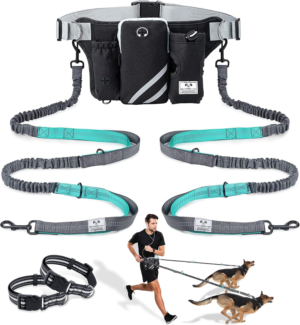 Retractable Hands Free Dog Leash with Dual Bungees for 2 Dogs, Adjustable Waist Belt Fanny Pack, Reflective Stitching