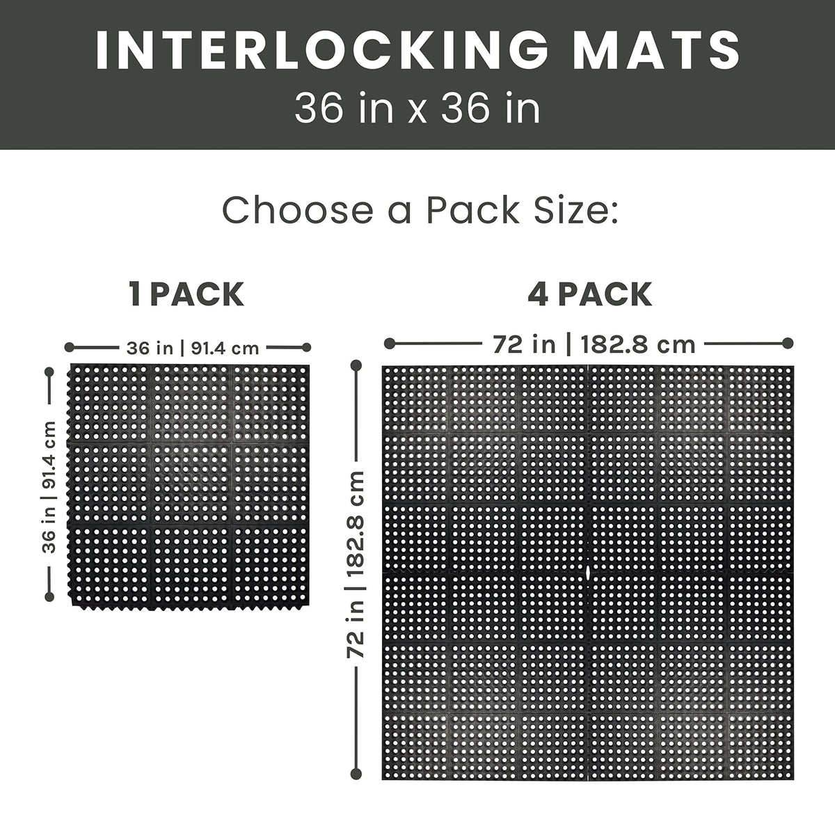 Interlocking Rubber Floor Tiles 4 Pack, Anti Fatigue, 3 x 3 ft