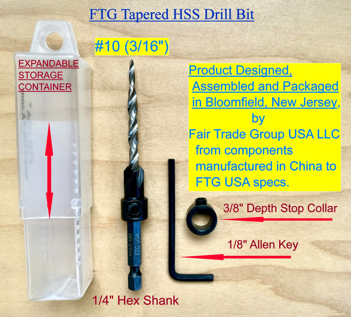 FTG USA #10 (3/16") Countersink Drill Bit for Wood with Tapered Drill Bits