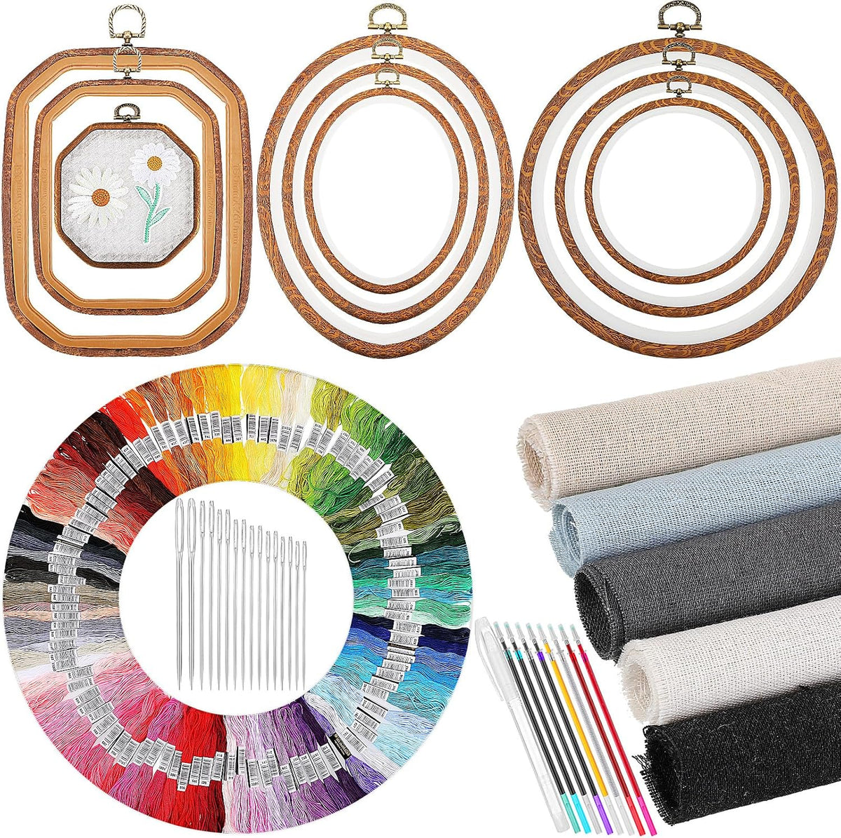 138 Pcs Embroidery Kit 9 Hoop 100 Thread 5 Fabric 16 Needles | Bamboo Frames in 3 Shapes, Rainbow Floss Skeins, 8