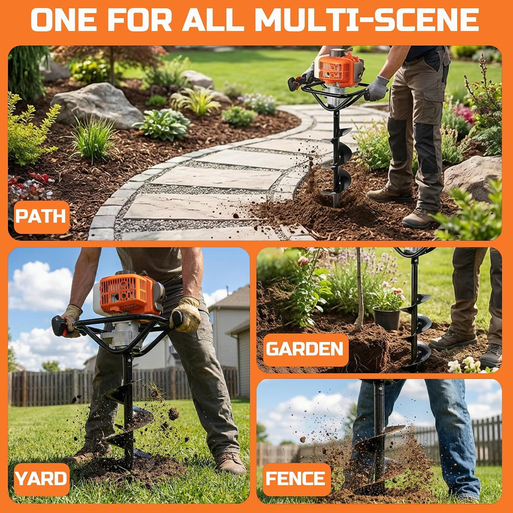 54cc Post Hole Digger, Gas Powered Easy Start Earth Auger Digger | 2 Cycle Heavy Duty Post Hole Digging with 4" 6" 8"